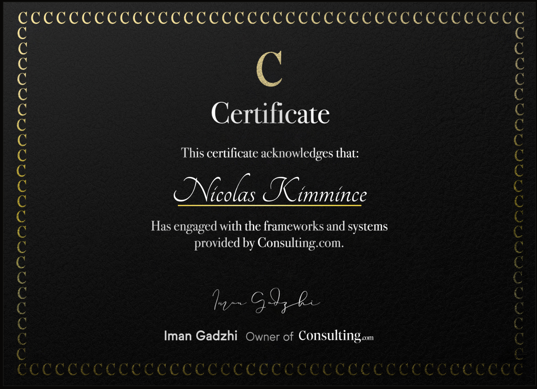 Consulting.com certificate acknowledging Nicolas Kimmince